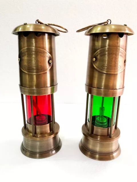 Antike Messing Lampe handgefertigt grün / rot Laterne Antik Öl Lampe Set 2