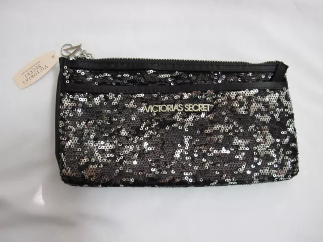 NWT Victoria's Secret Allover Black Silver Sequin Zip Closure Clutch Makeup Bag