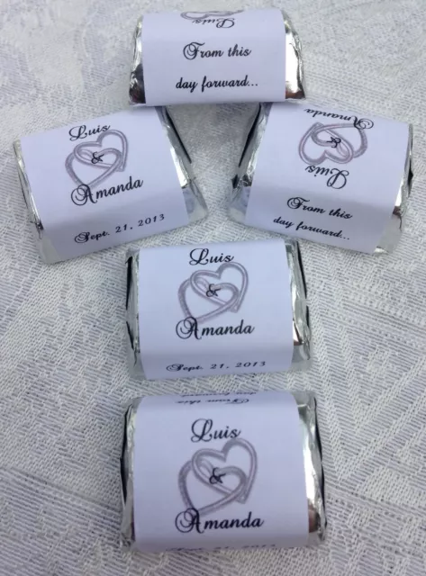 300 DBL SILVER HEARTS wedding candy wrappers/stickers/labels personalized FAVORS