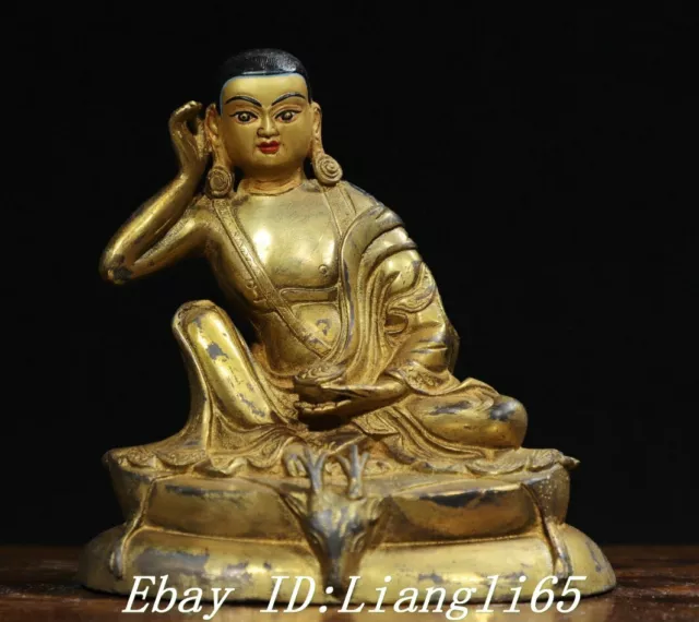 Tibet Bronze Gilt Malerei Buddhismus Sitz Hirsch Kopf Milarepa Buddha Statue