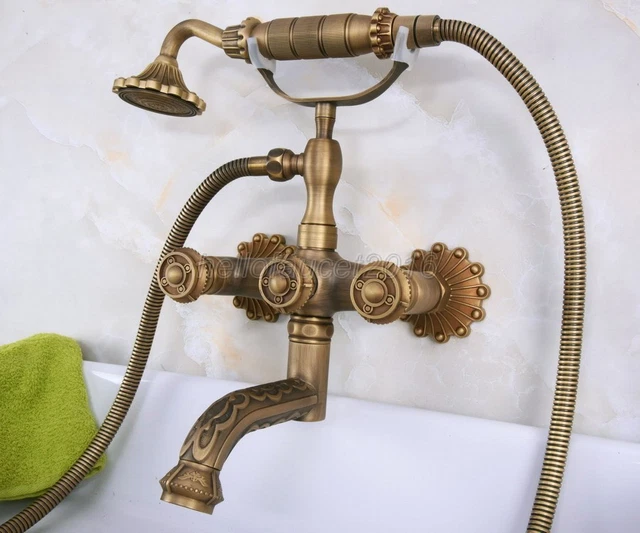 Antique Brass Clawfoot Bathtub Faucet With Hand Shower Mixer Tap Wall Mount