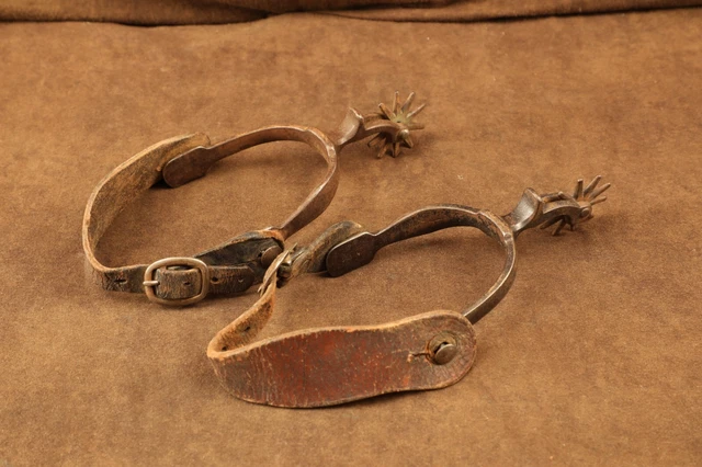 #6 Antique Texas Cowboy Western Rodeo Medium 10-Point Rowel Spurs, Leather Strap