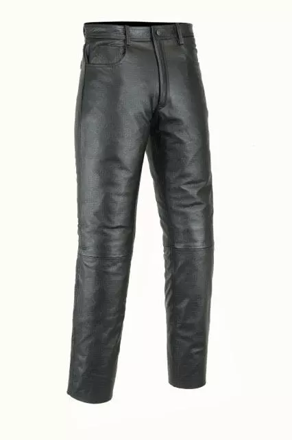 Mens Black Leather Cowhide Motorcycle Motorbike Jeans Trousers