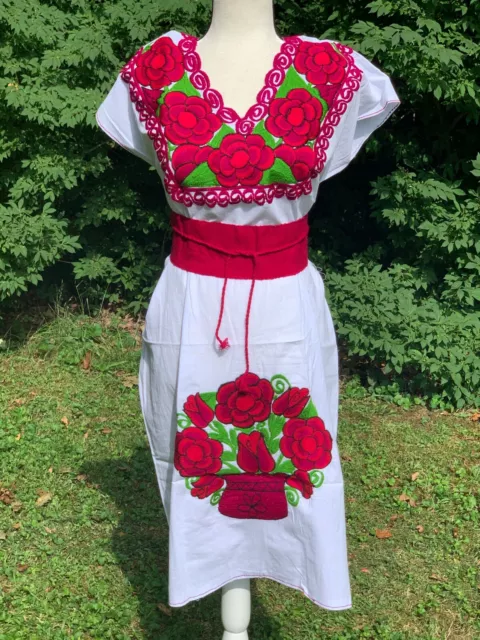 Puebla Mexican Dress w/ Belt Bata con Faja Vestido Flowers Pink M/L 1 Size 1859