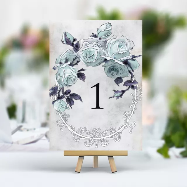 Vintage Style Wedding Table Numbers Names Cards - Shabby Chic Blue Flower Rose