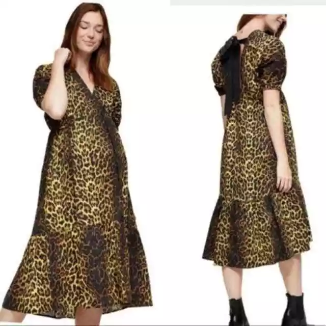 NWT Topshop Maternity Bow Back Midi Leopard Dress Size 6