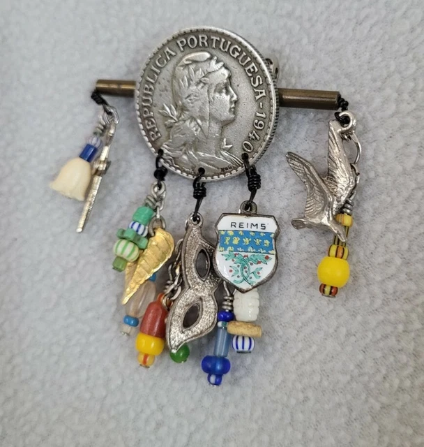 Vintage 1991 Dangle Portuguese Coin Dangle Charm BROOCH LumPennington Money Pin