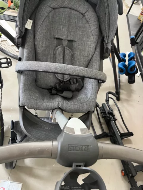 stokke xplory stroller, gray, used, lots of attachments 