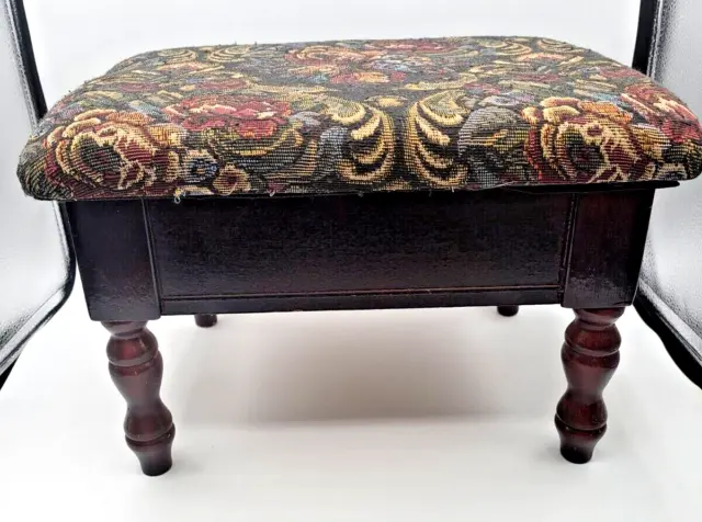 Wooden Tapestry floral cottage core foot stool with hinged storage