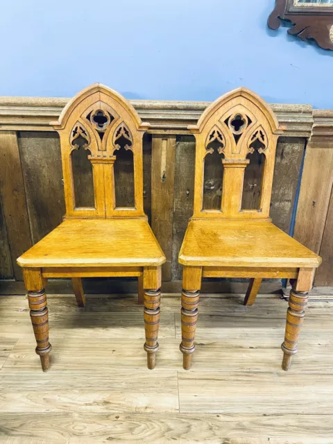 Pair of Victorian Oak Gothic Revival Hall Chairs 2