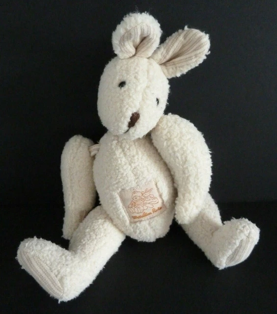 W1 - DOUDOU PELUCHE MOULIN ROTY LAPIN BLANC ECRU BEIGE RAYE ARTICULE 24cm - TBE