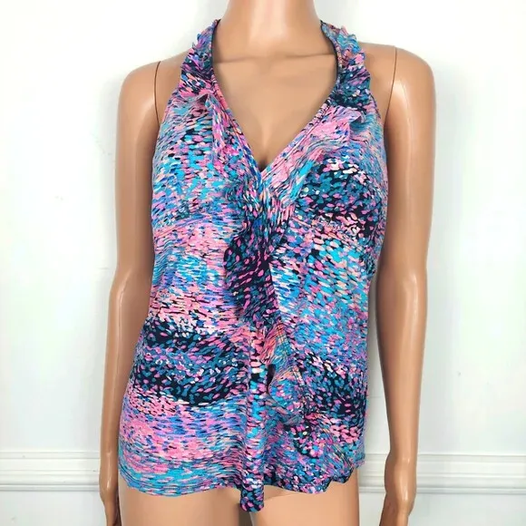 Assets BY Spanx Halter Womens Large Swim Top Multicolor Ruffle NEW beach summer