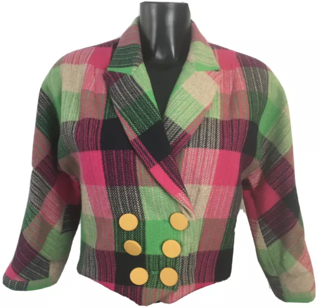 MARC JACOBS JACKET COAT CROP XS PINK GREEN BLACK Short Button Up Vintage Plaid