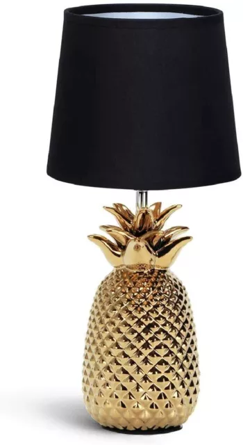 Lampada Da Tavolo Oro Lume Comodino Ceramica Tessuto Nero  Design Moderno Ananas
