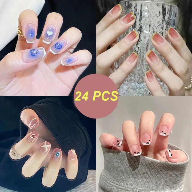 24 Künstliche Zehennägel Mit Strass-Druck – Quadratisch, Weiße Kanten, Inkl. Kleber & Werkzeug Für DIY Pediküre