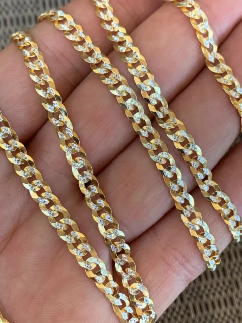 Mens Diamond Cut 5mm Cuban Chain 14k Gold Plated Solid 925 Silver Two Tone ITALY