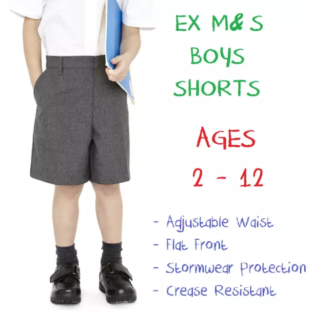 EX M&S Boys School Shorts Age 2 3 4 5 6 7 8 9 10 11 12 Grey Black Adjustable