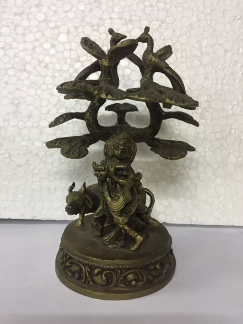 OLD BRASS METAL STATUE LORD KRISHNA INDIA HINDU GOD COWHERD PEACOCK Wt 850gms