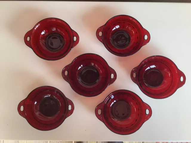 Coronation Ruby Red Depression Glass 6 Double Handle Dessert Bowls 5 3/4 Hocking
