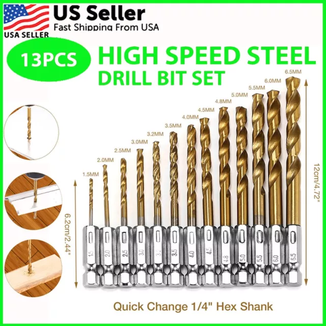 13PCS HSS Twist Drill Bit Set Metal Titanium 1/4" Hex Shank Kit QUICK RELEASE