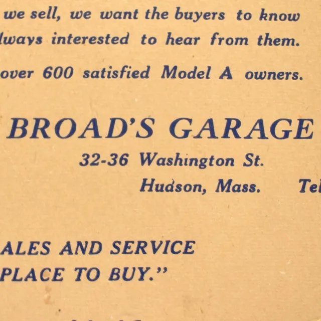 1920s Broad's Garage Ford Sale Service 32 Washington Street Hudson Massachusetts