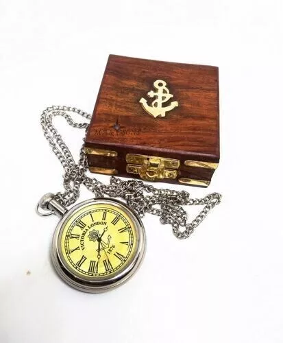 Brass Pocket Watch Silver with wooden box gifts item for christmas