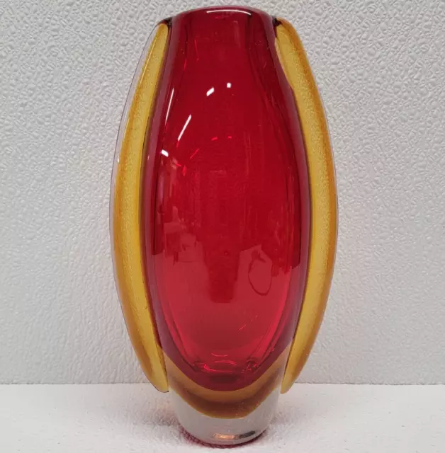 Heavy Glass Art Decorative Vase Red Yellow 8.75"