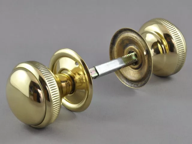 DOOR KNOBS-45mm POLISHED BRASS-MILLED EDGE "MORTICE"HANDLE SET-Edwardian VINTAGE