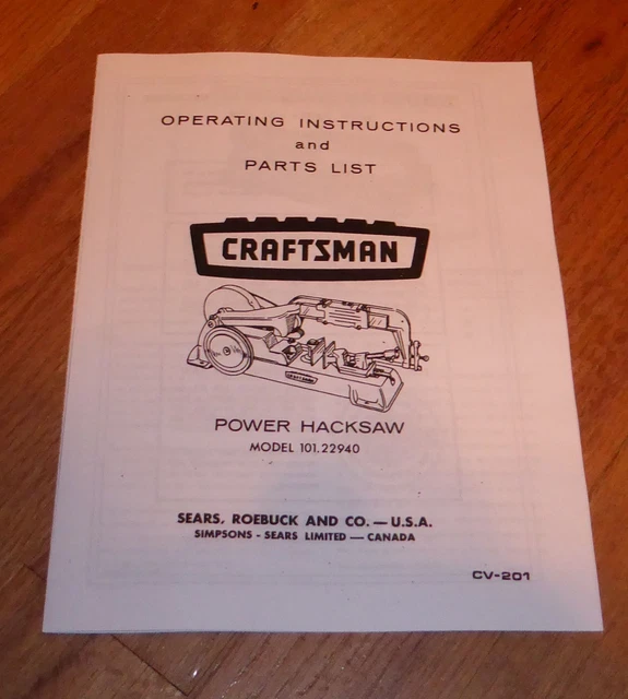 SEARS CRAFTSMAN CONTINUOUS Blade Power Hacksaw Owners Manual 101.22940