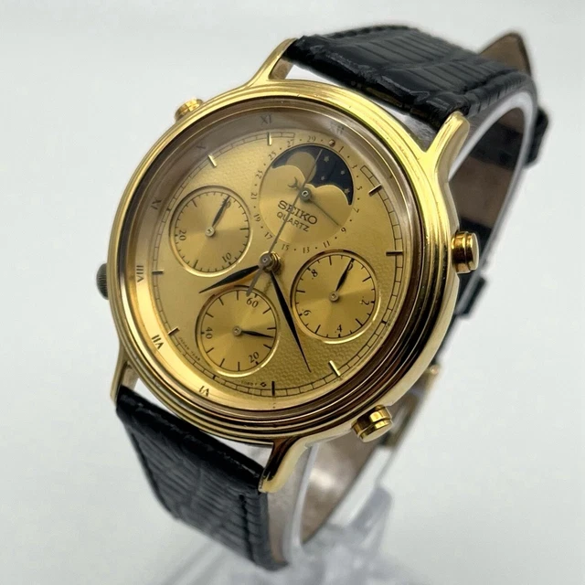 SEIKO 7A48 702A QUARTZ Moonphase Chronograph Gold Honeycomb Dial 37mm seiko-7a48-702a-quartz-moonphase-chronograph-gold-honeycomb-dial-37mm