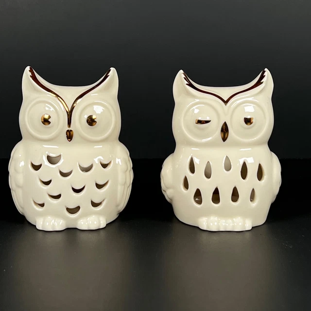 Lenox Winking Looking Owls Gold Porcelain Pierced Candle Holders Votive Set of 2