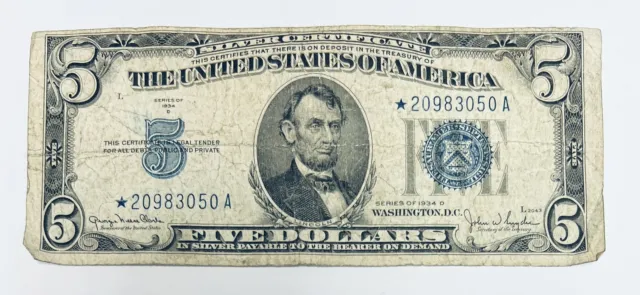 1934D $5 Silver Certificate Star Note Blue Seal Clark & Snyder FR #1654*