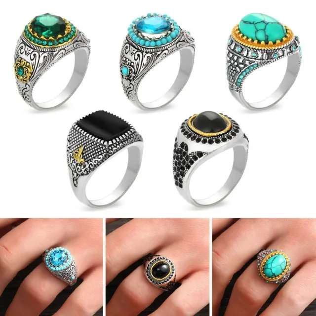 Men Big Black Onyx Stone Silver Vintage Handmade Turkish Ring Ottoman Motif  Ring » Anitolia