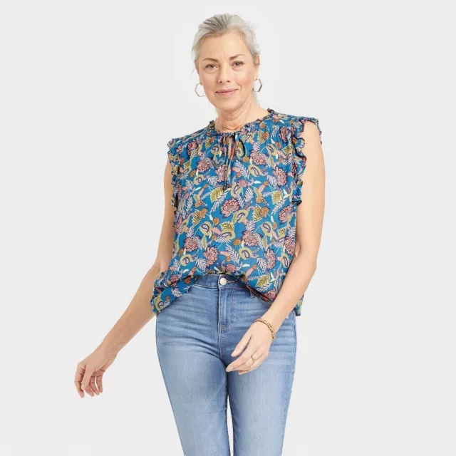 Women's Flutter Short Sleeve Top - Knox Rose - Blue Floral Size Small