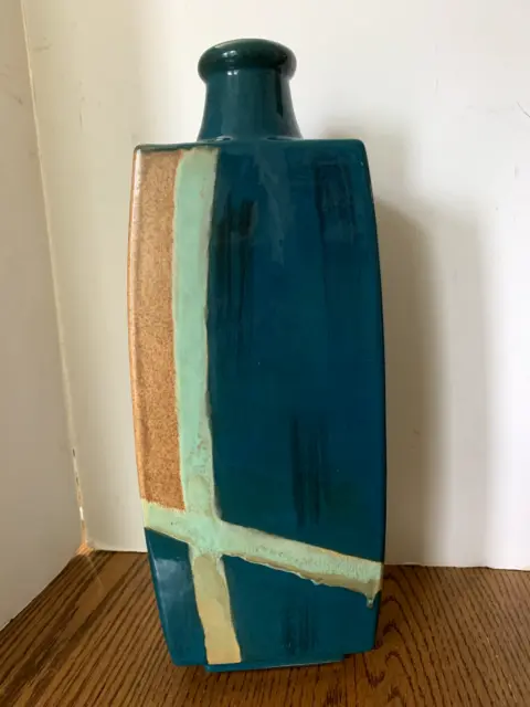 Pier 1 Tall Ceramic Rectangular Vase Blue/Green Tan 15 1/2" Tall
