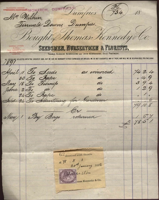 1891 DUMFRIES Thomas Kennedy & Co Seedmen, Nurserymen, account to Tinwald Downs