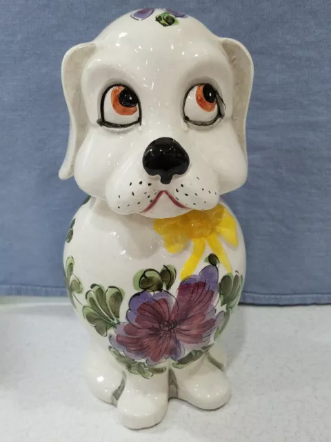 Vintage Ceramic Hand Painted White Floral Puppy Dog Coin Bank Made In Italy 7"