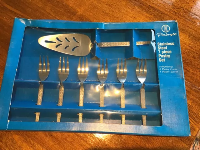 Vintage Pinbryte Stainless Steel 7 Piece Pastry Set Boxed Unused 6 Forks +Server