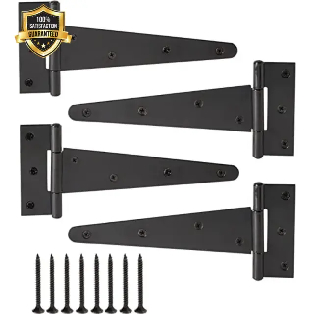 8" Black T-Strap Heavy Duty Gate Hinges with Screws for Wood Fences, Barn Doors