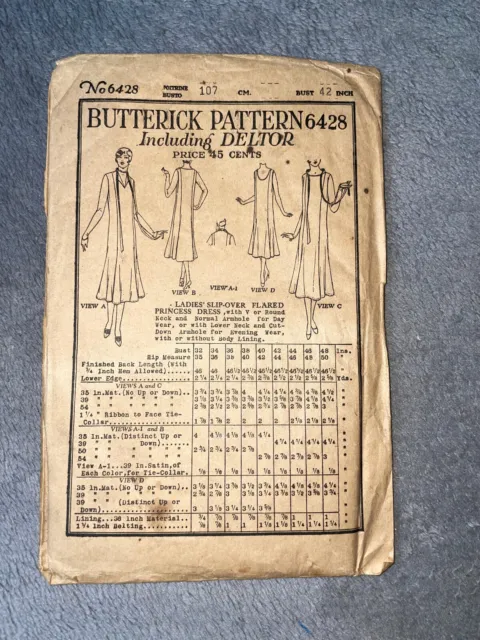 VTG 1920s Butterick Deltor Slip-Over Flared Princess Dress Pattern 6428