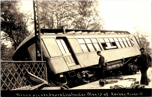 Rocky River Wreck LSE Lake Railway Postcard Trolley Interurban RPPC Reprint