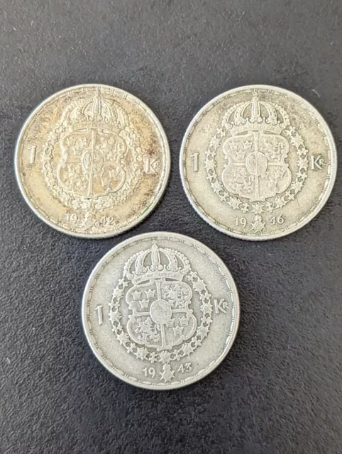 Sweden 3x One 1 Krone Krona 1942 - 1946 period 0.4 Silver