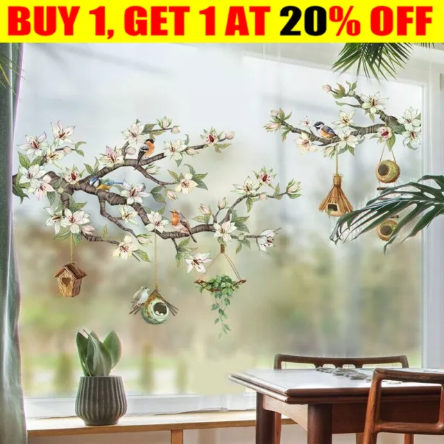 Flower Branch Window Clings Non Adhesive Birds Stickers Beautiful Glass Decals
