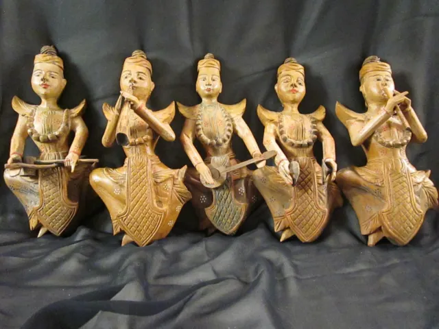 Rare True Vintage Natural Wood Set of Five Burmese Thai Hand Carved Musicians