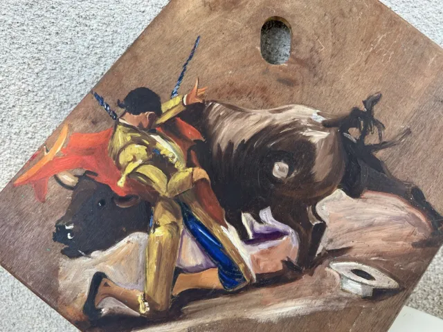 Matador bull fight oil painting art on wood board 14” x 11.5” vtg unsigned