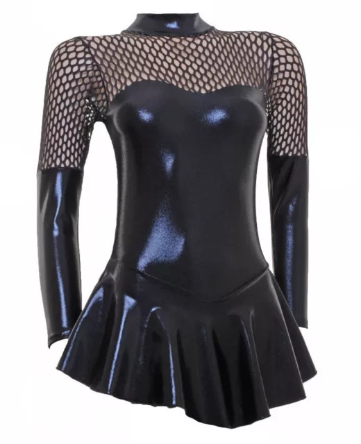 Skating Dress  - BLACK SHEEN METALIC/FISHNET -LONG SLEEVE  ALL SIZES AVAILABLE