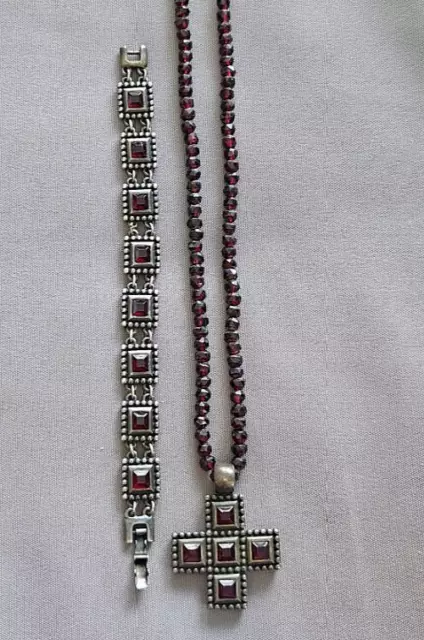 Alter 925er Silber Trachtenschmuck / Kreuz und Armband mit Böhmischen Granaten