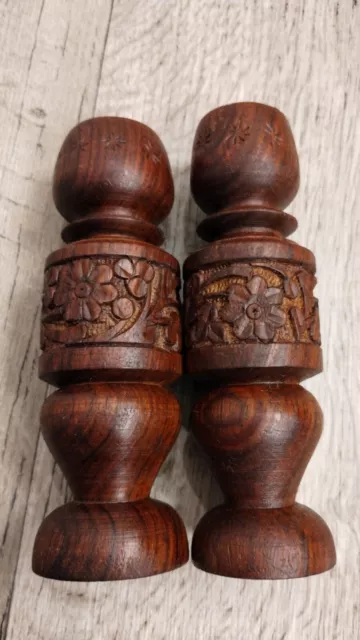 Pair Of Hand Carved Wood Candlestick Holders Folk Art Made In India 6"H X 2"W