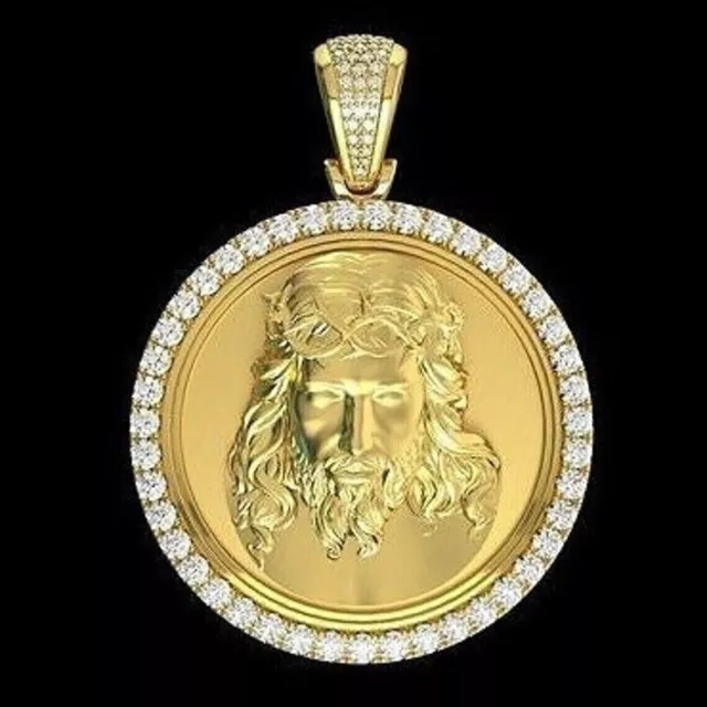 2 Ct Round Cut Simulated Diamond Men's Custom Jesus Pendant 14k Yellow Gold Over