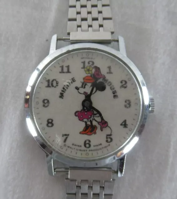 Vintage Walt Disney Minnie Mouse 82 Mechanical Wind Up Wrist Watch Bradley RARE